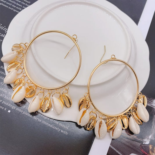 Boho Style Natural Shell Earrings Circle Tassel Pendant Earrings