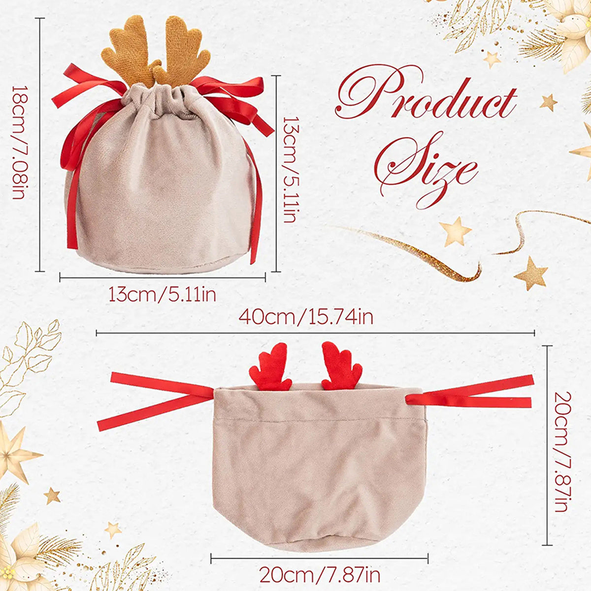 5 Pcs Christmas Velvet Drawstring Candy Gift Bags With Antlers 2 Styles Mini Xmas Present Pouch 7x5 Inch Santa Gift Wrapping Bags