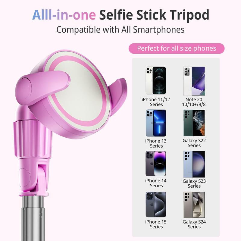 62'' Magnetic Tripod for Iphone with Remote, Extendable Cell Phone Tripod Stand, Compatible with Magsafe, Selfie Stick Tripod for Iphone 15 14 13 12 11 Series and Android Phones Pink