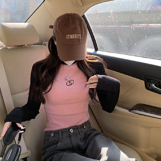 Women's Shoulder Short Long Sleeved Fitted T-shirt