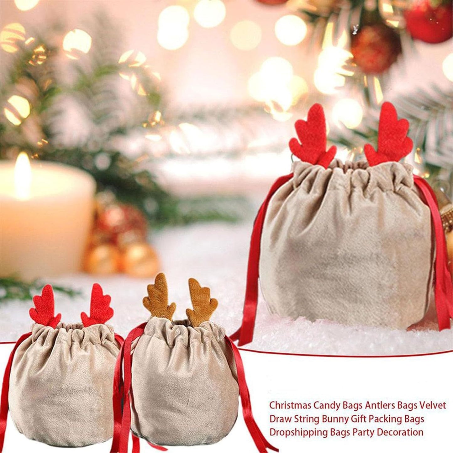 5 Pcs Christmas Velvet Drawstring Candy Gift Bags With Antlers 2 Styles Mini Xmas Present Pouch 7x5 Inch Santa Gift Wrapping Bags