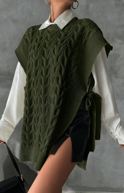 Women's Solid Color V-Neck Tie Casual Knit Vest
