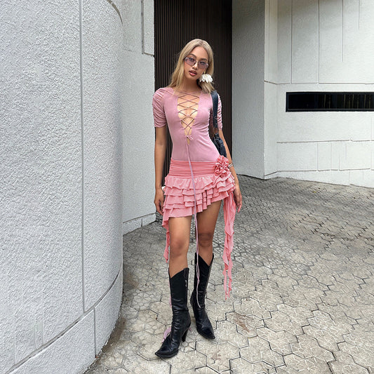 Hot Girl Unique Design Deep V Lace-up Irregular Dress Women