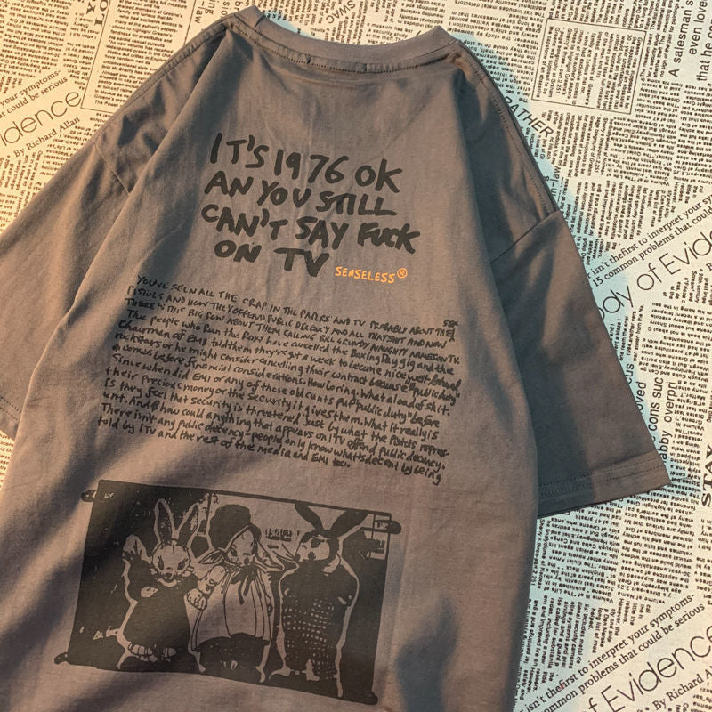 New Vintage Cartoon Letter Printing Loose Short Sleeved T-shirt Women