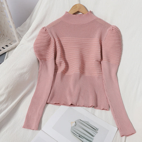 Design Sense Niche Puff Sleeves Slimming Fall Winter Stretch Sweater Women