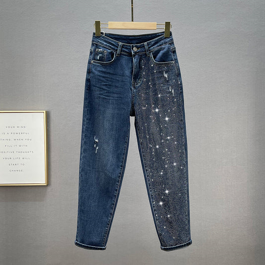 Loose Jeans Women's Cotton Elastic High Waist Slimming Hot Rhinestones