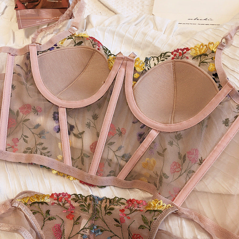 French Embroidered Lace Mesh Rabbit Ears Thin Underwire Set
