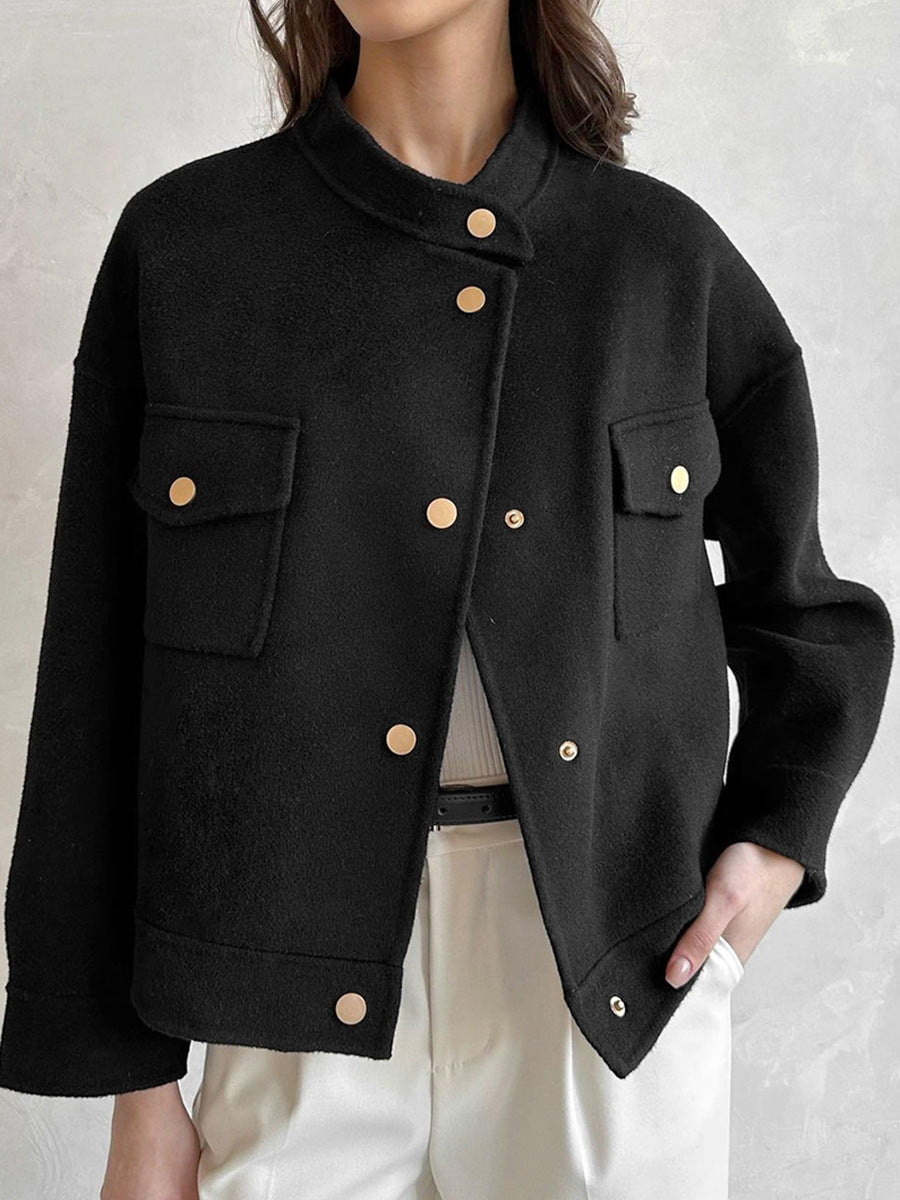 Stand Collar Design Women Loose Autumn And Winter Woolen Coat
