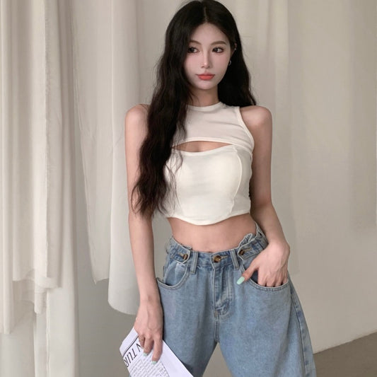 Tight Fake Two-piece Vest With Chest Pad Top Round Neck Women