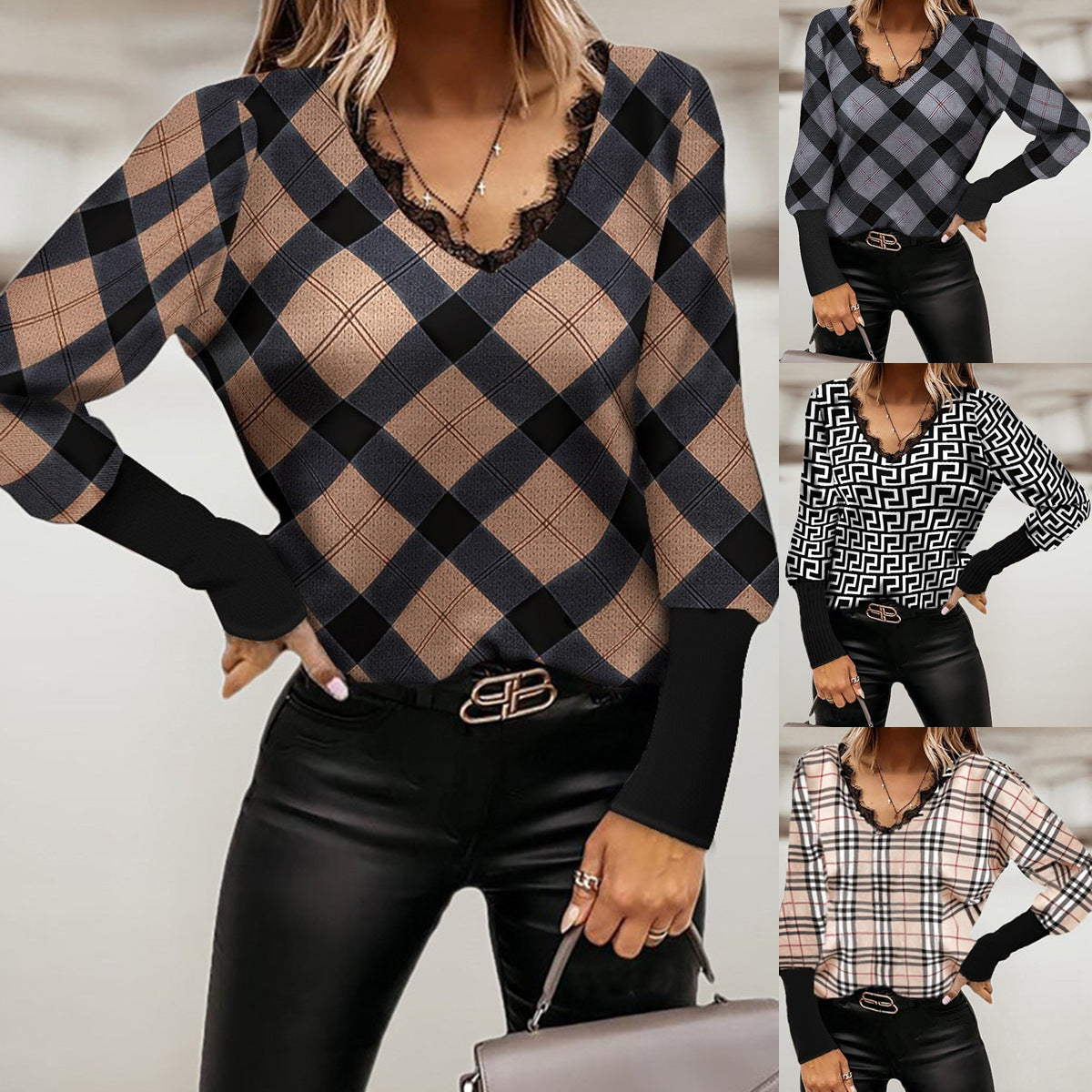 Loose Long Sleeved Pullover V Neck Check Print Blouse