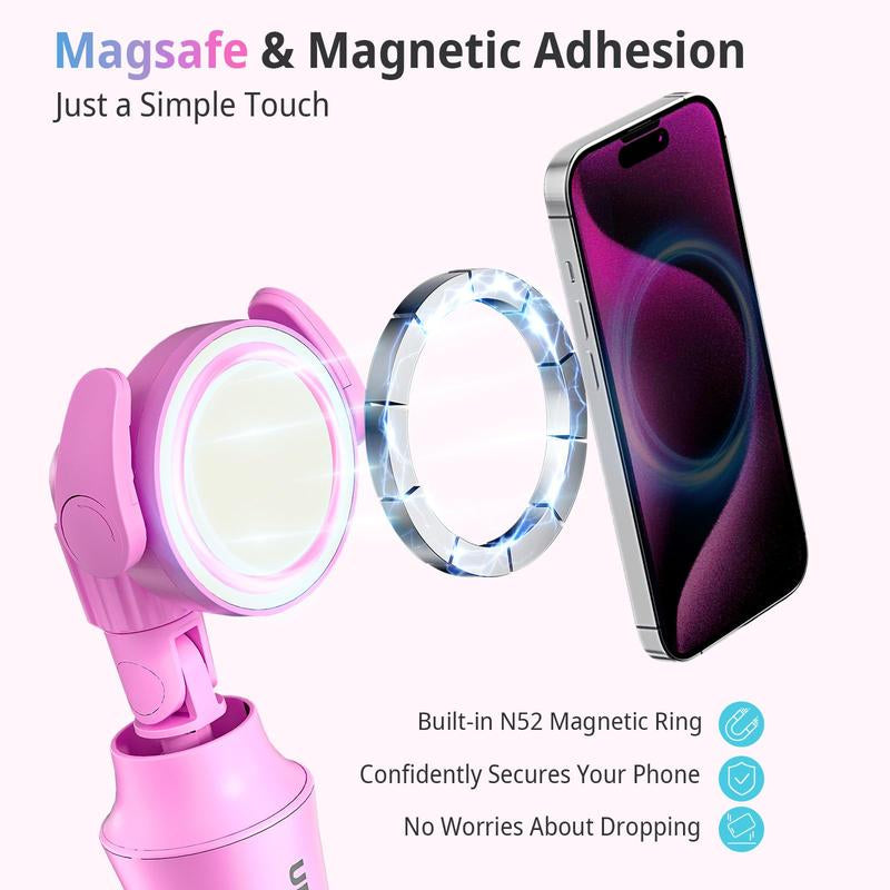 62'' Magnetic Tripod for Iphone with Remote, Extendable Cell Phone Tripod Stand, Compatible with Magsafe, Selfie Stick Tripod for Iphone 15 14 13 12 11 Series and Android Phones Pink