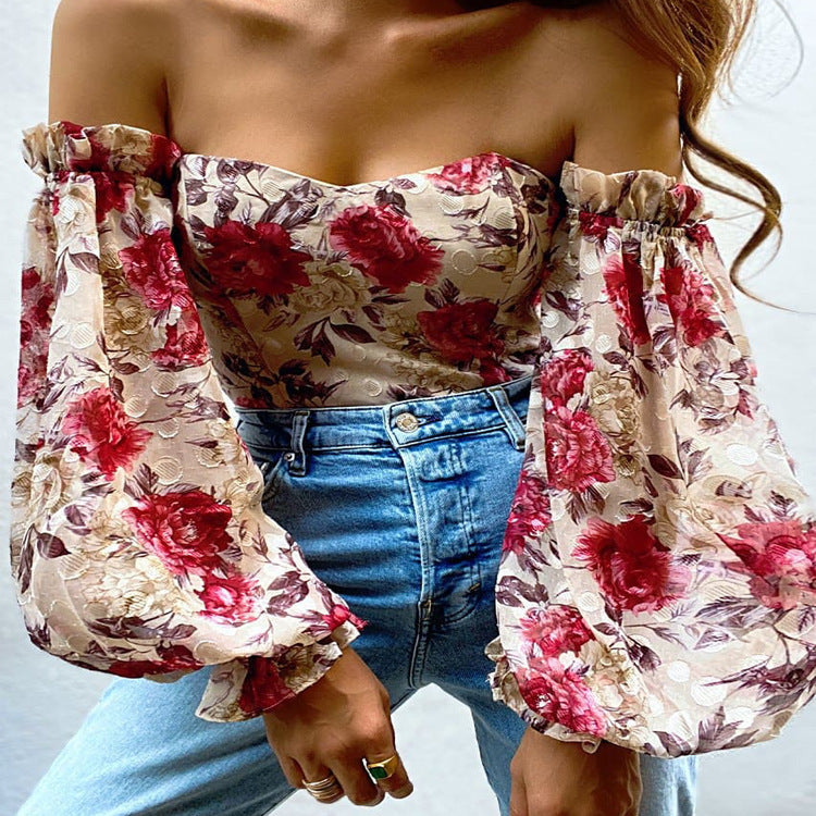 Sexy Off-shoulder Wrapped Chest Printed Lantern Sleeve Chiffon Shirt Blouse