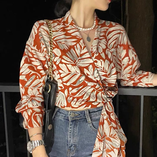 Printed V-neck Cross-tie Bow Shirt