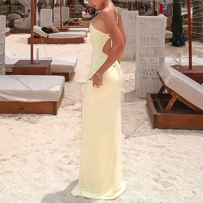 European And American Sexy Solid Color Sloping Shoulder Backless Tied Dress Women