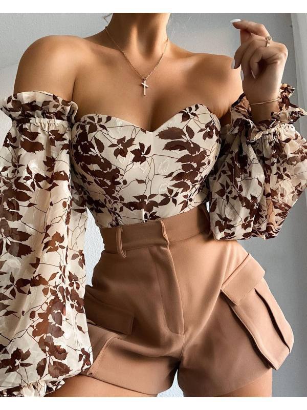 Sexy Off-shoulder Wrapped Chest Printed Lantern Sleeve Chiffon Shirt Blouse