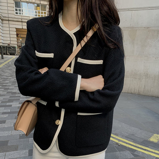 French Round Neck Trim Contrast Color Chic Single-breasted Loose Multi-pocket Design Short Jacket Women